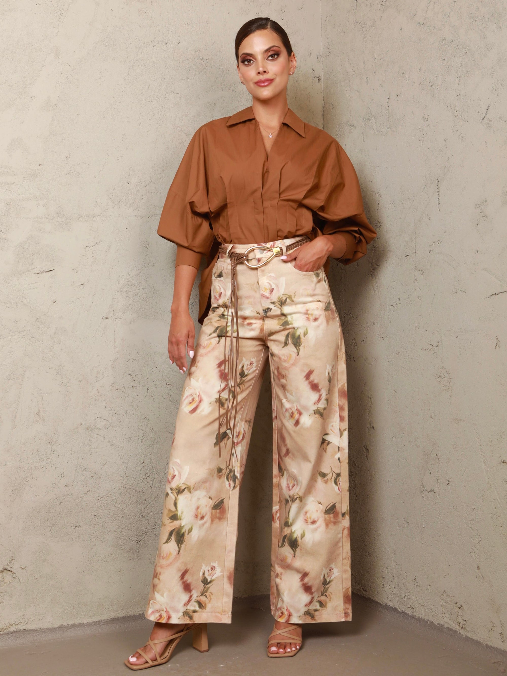 Valentina Floral Jeans Cream Bottoms