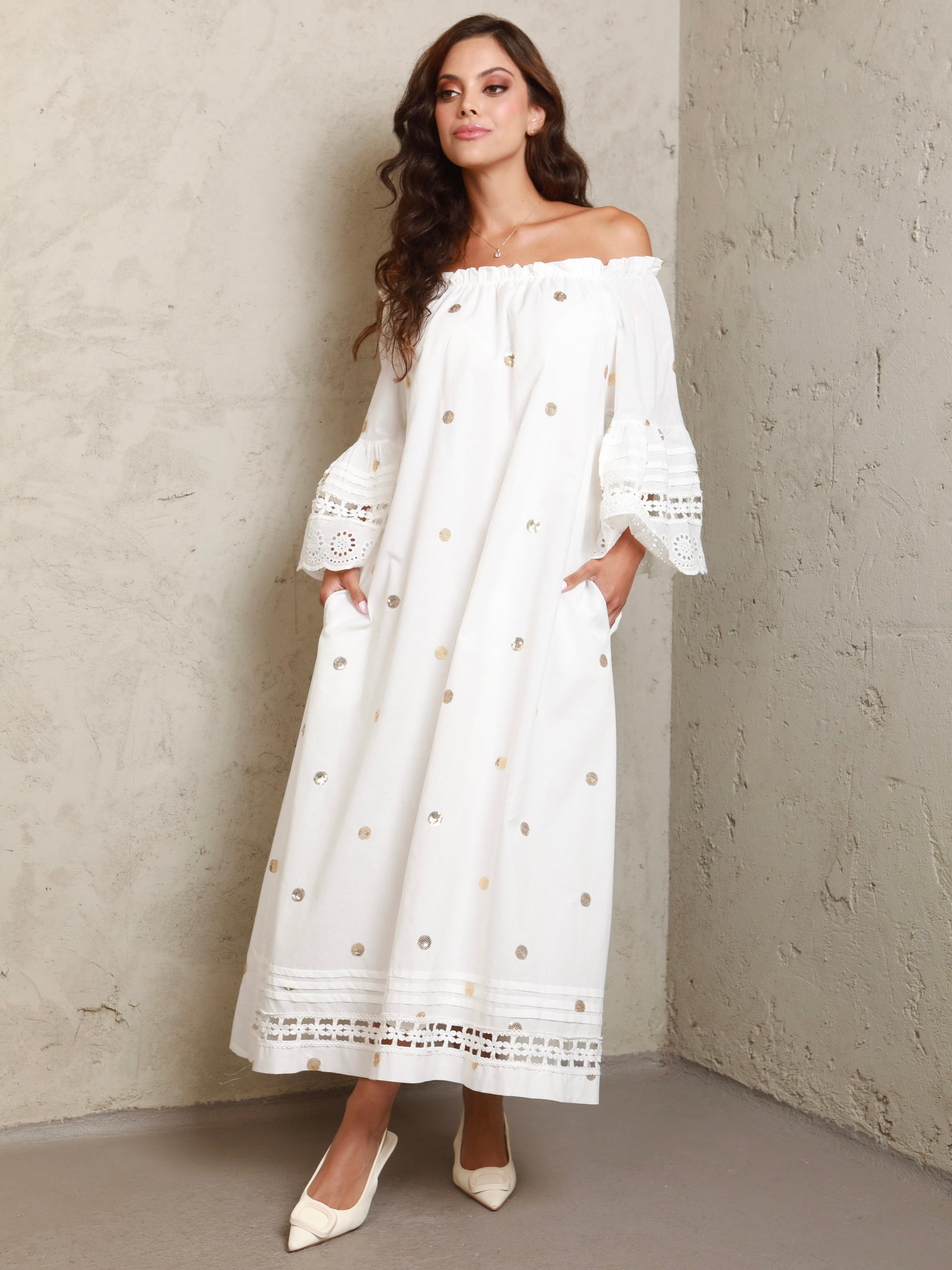 Annalisa Off Shoulder Gold Polka Dot Dress