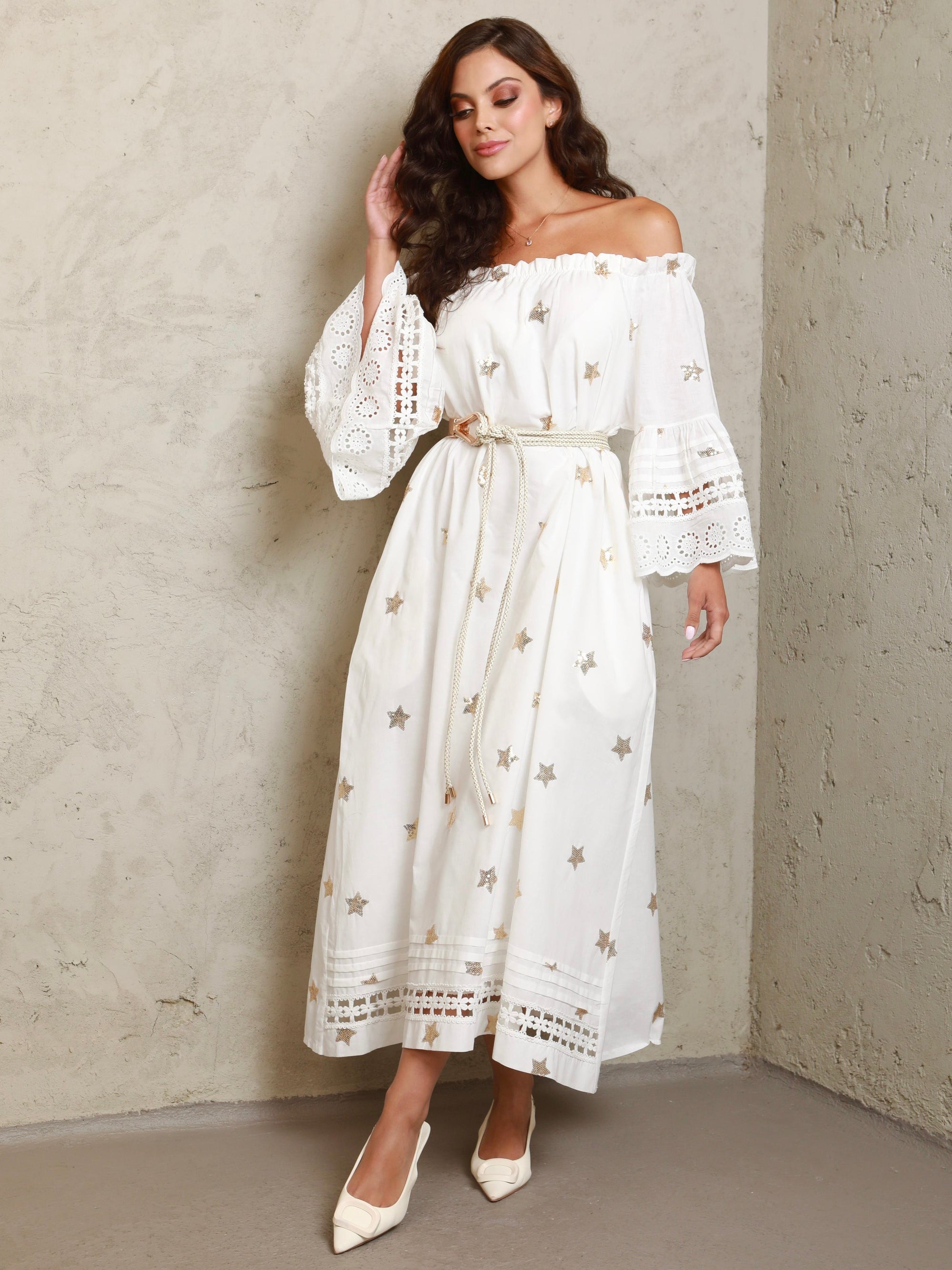 Amelia Off Shoulder Gold Star Dress