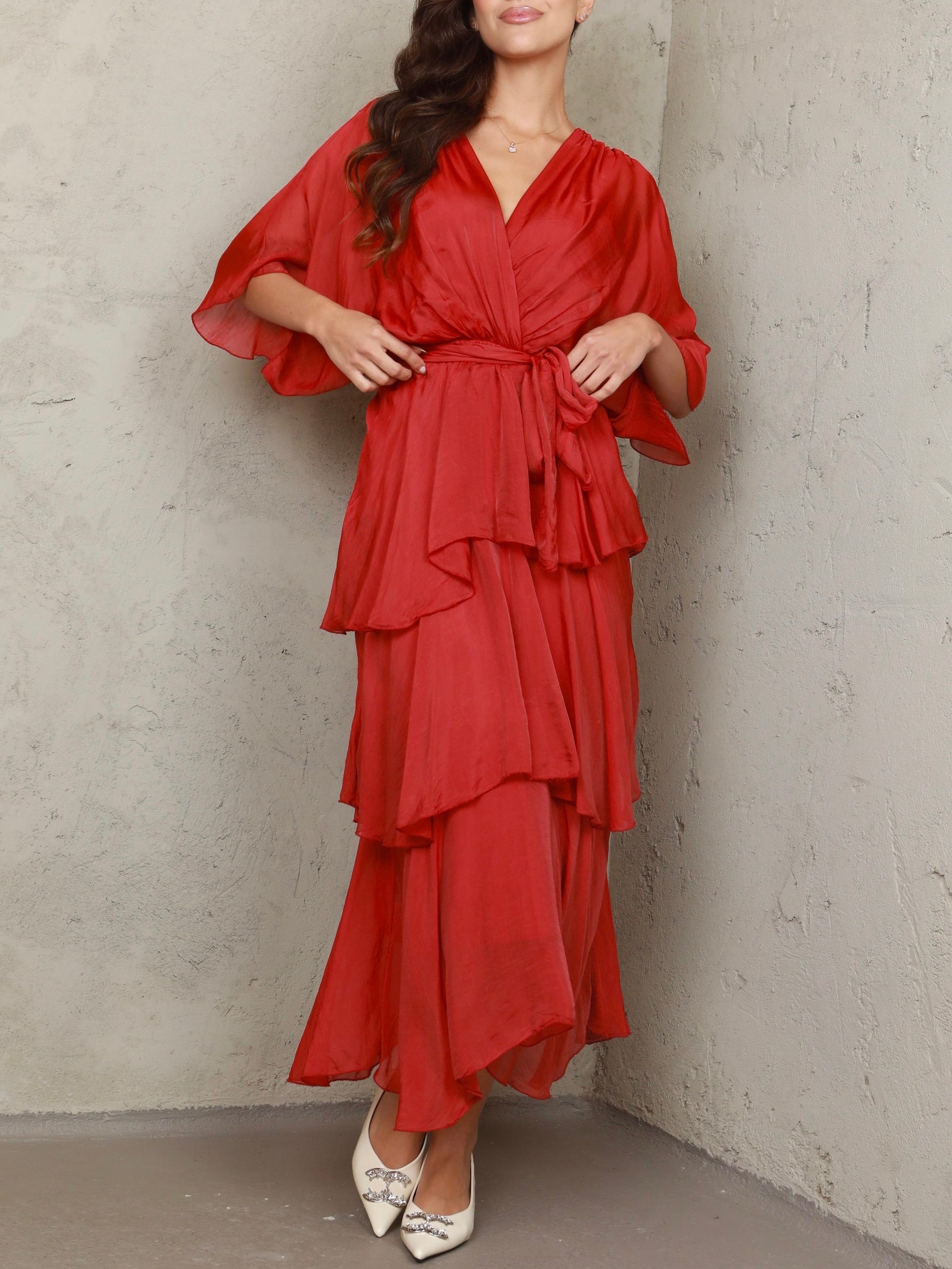 Rosalia Silk Ruffle Rust Red Dress