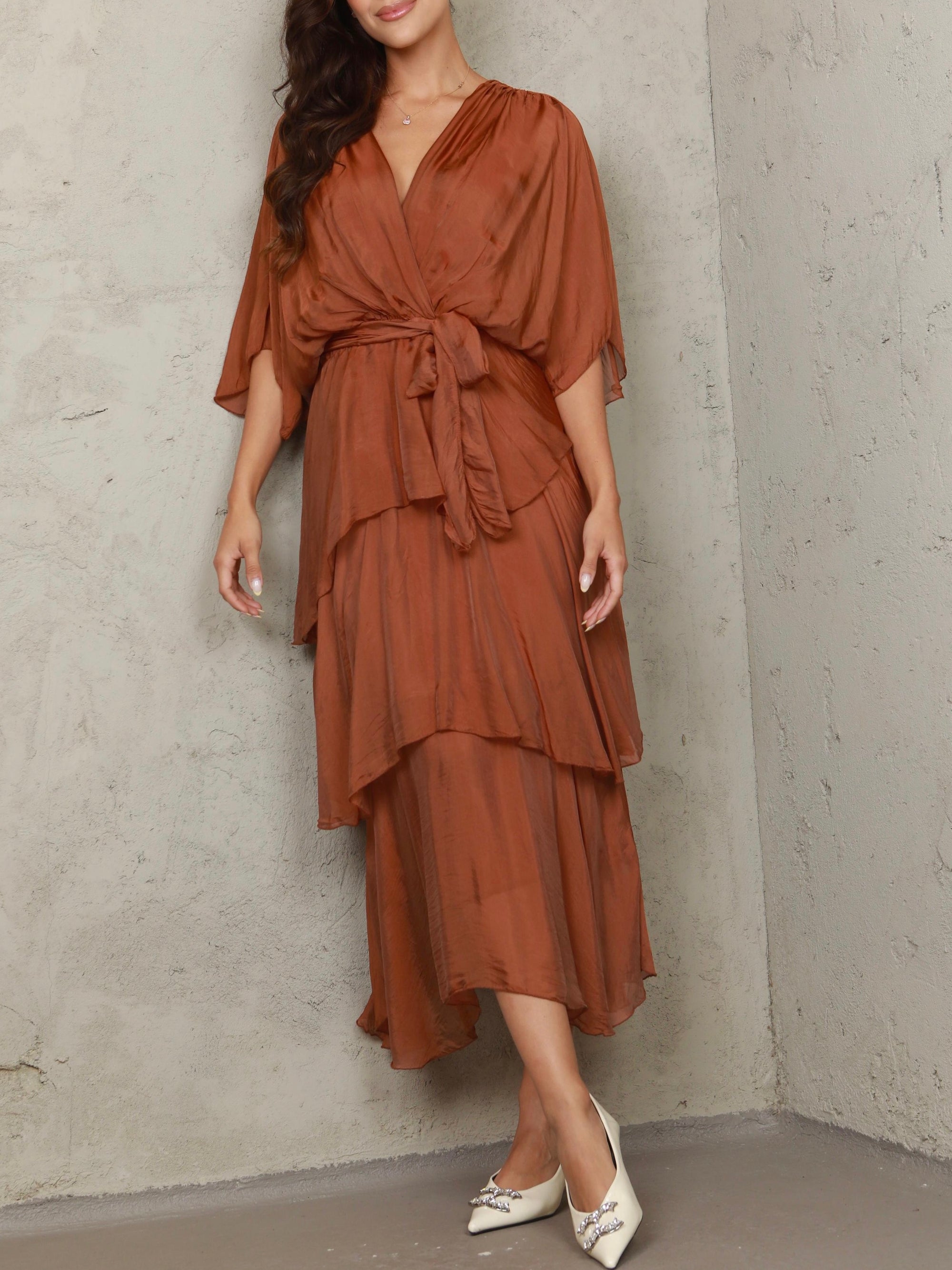 Rosalia Silk Ruffle Cinnamon Dress