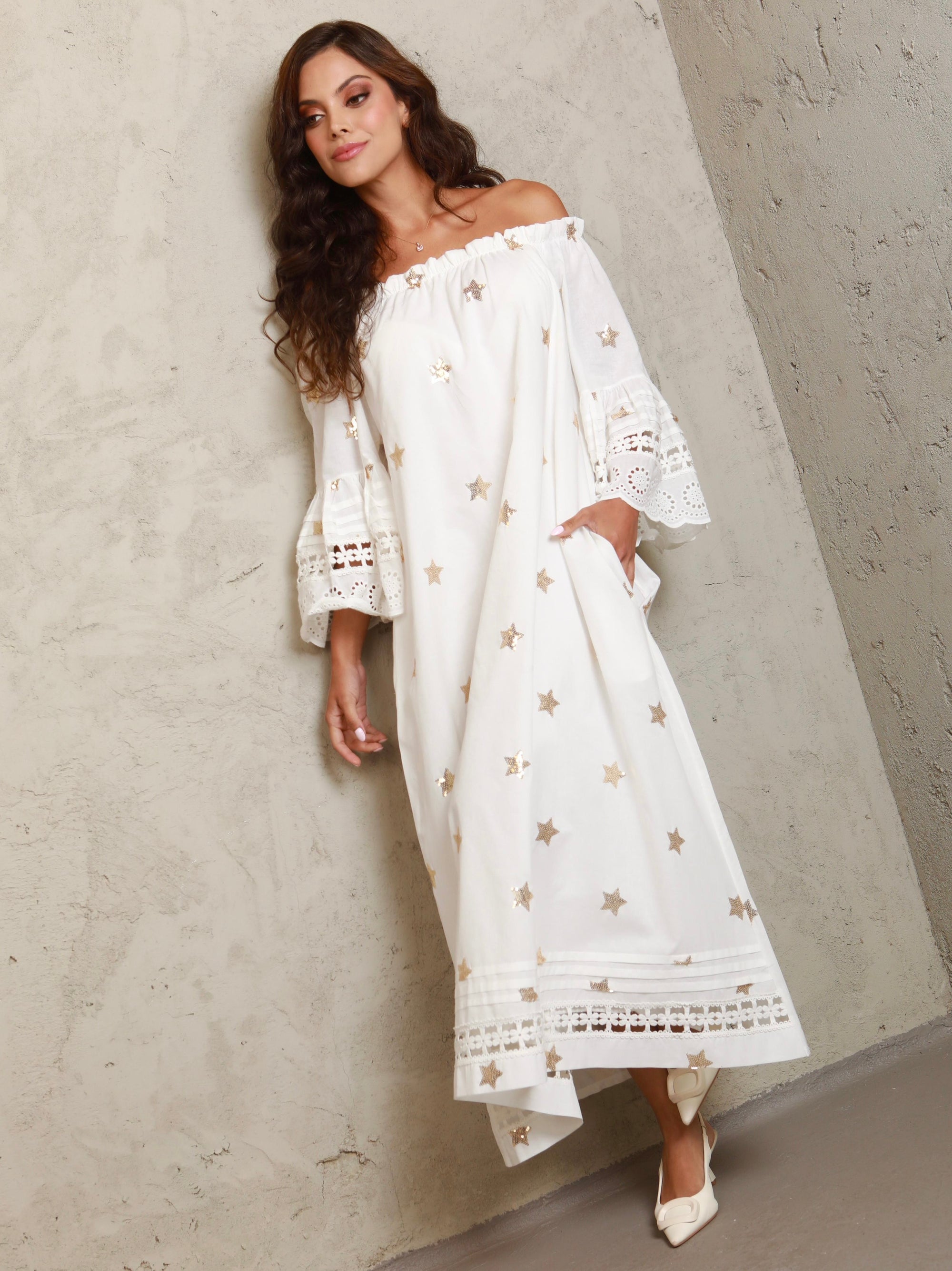 Amelia Off Shoulder Gold Star Dress