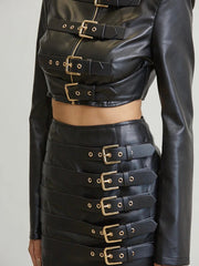 Black Faux Leather Jacket & Skirt Set FS