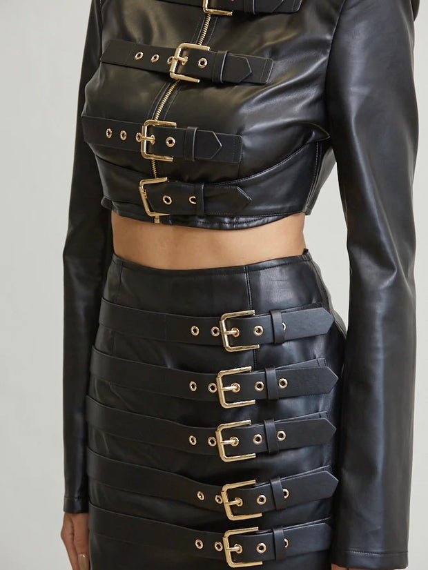 Black Faux Leather Jacket & Skirt Set FS
