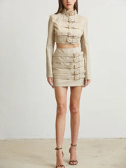 Cream Faux Leather Jacket & Skirt Set FS