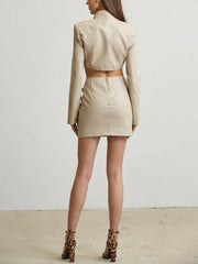 Cream Faux Leather Jacket & Skirt Set FS