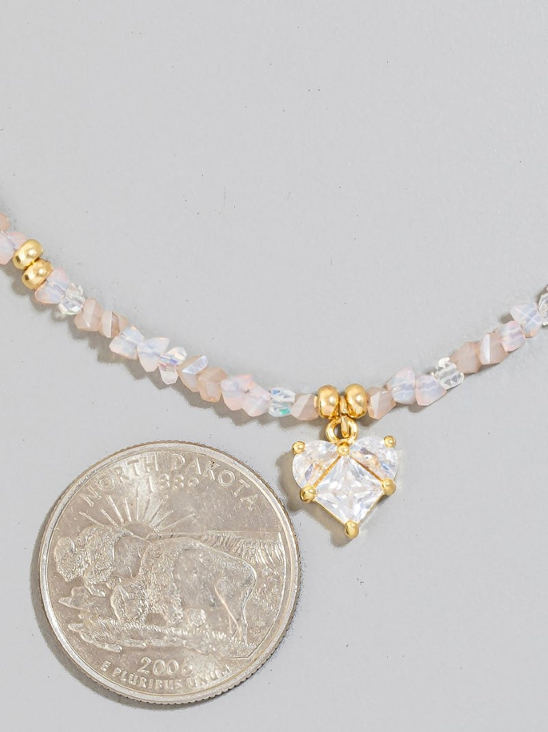 Cz Heart Pendant Glass Beaded Necklace
