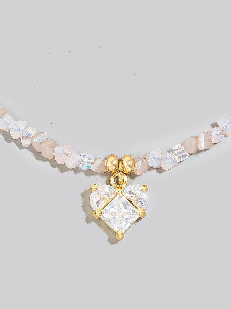Cz Heart Pendant Glass Beaded Necklace