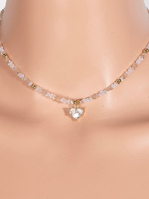 Cz Heart Pendant Glass Beaded Necklace