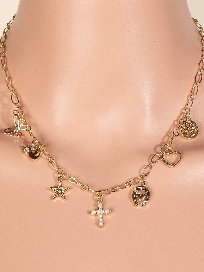 Star Cross And Heart Charms Chain Necklace