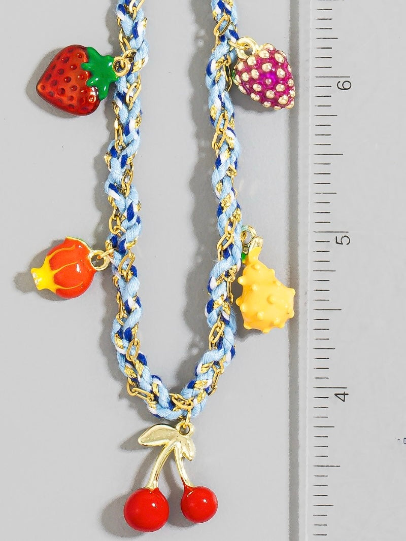 Stainless Steel Assorted Fruits Charms Braided Necklace