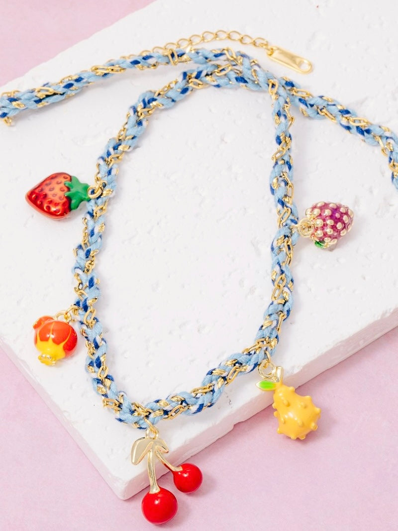 Stainless Steel Assorted Fruits Charms Braided Necklace