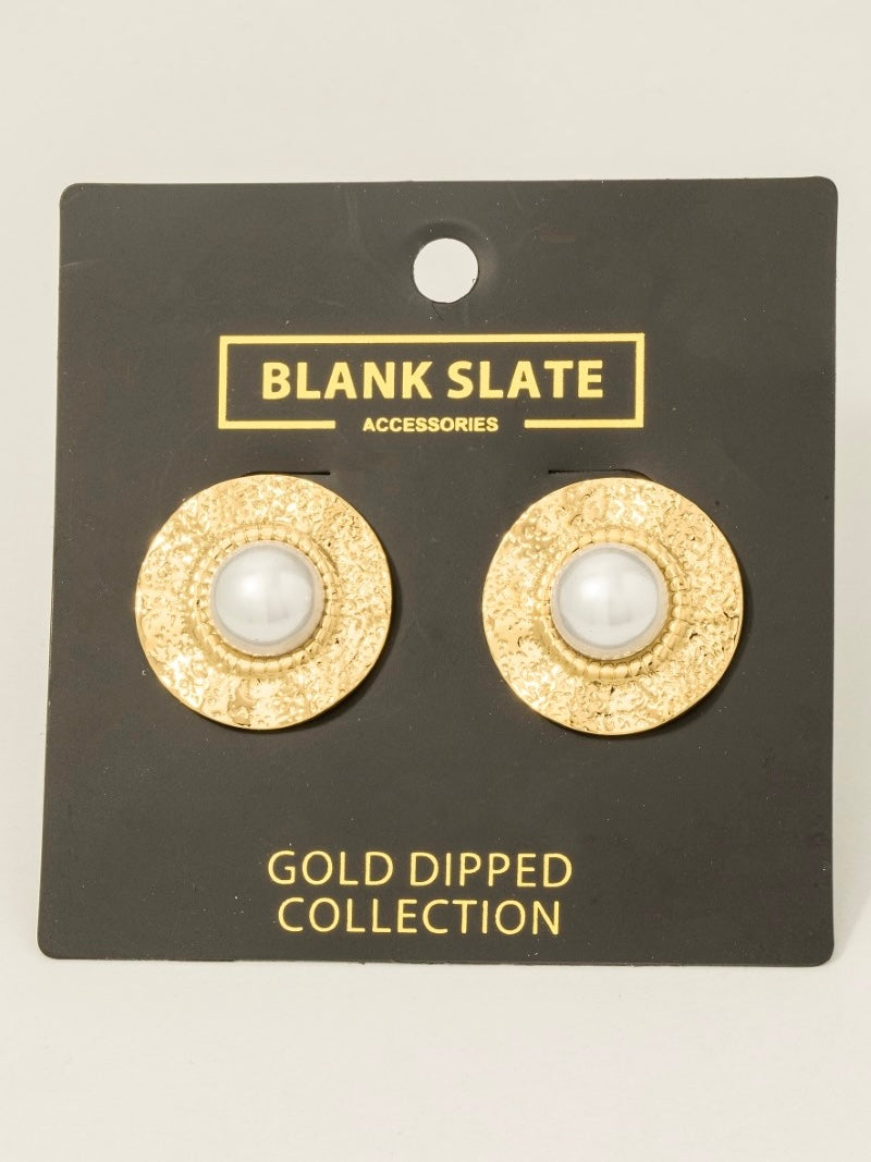 Gold Dipped Pearl Dome Disc Large Stud Earrings