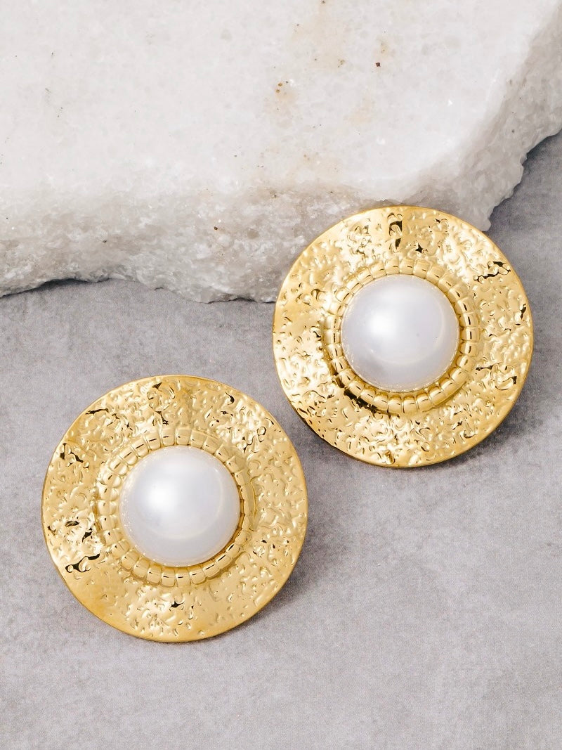 Gold Dipped Pearl Dome Disc Large Stud Earrings