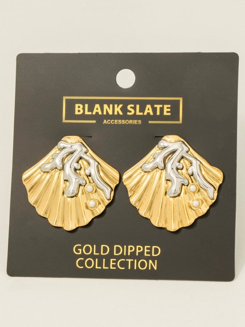 Gold Dipped Two Tone Coral And Shell Large Stud Earrings