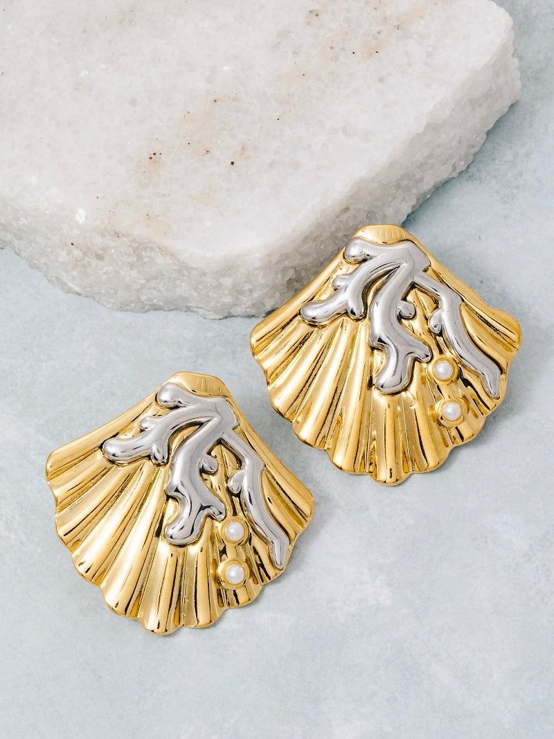 Gold Dipped Two Tone Coral And Shell Large Stud Earrings