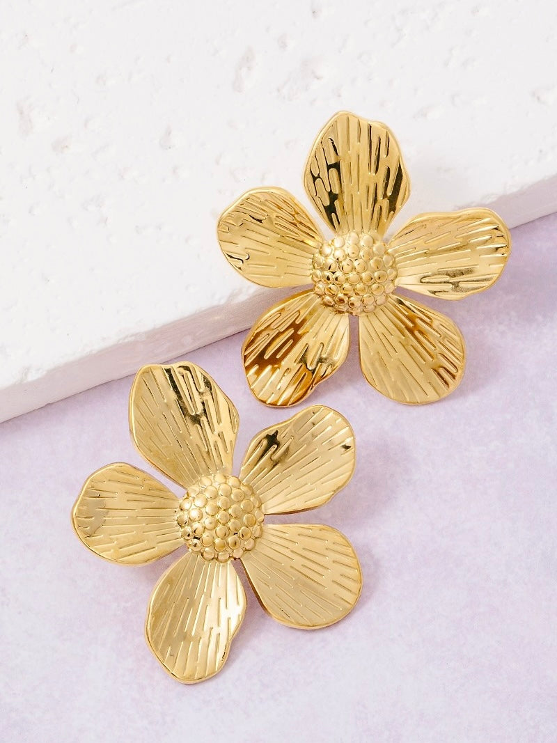 Gold Dipped 5 Petal Flower Large Stud Earrings