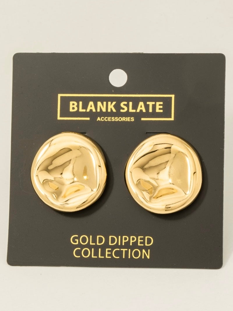 Gold Dipped Large Dented Disc Stud Earrings