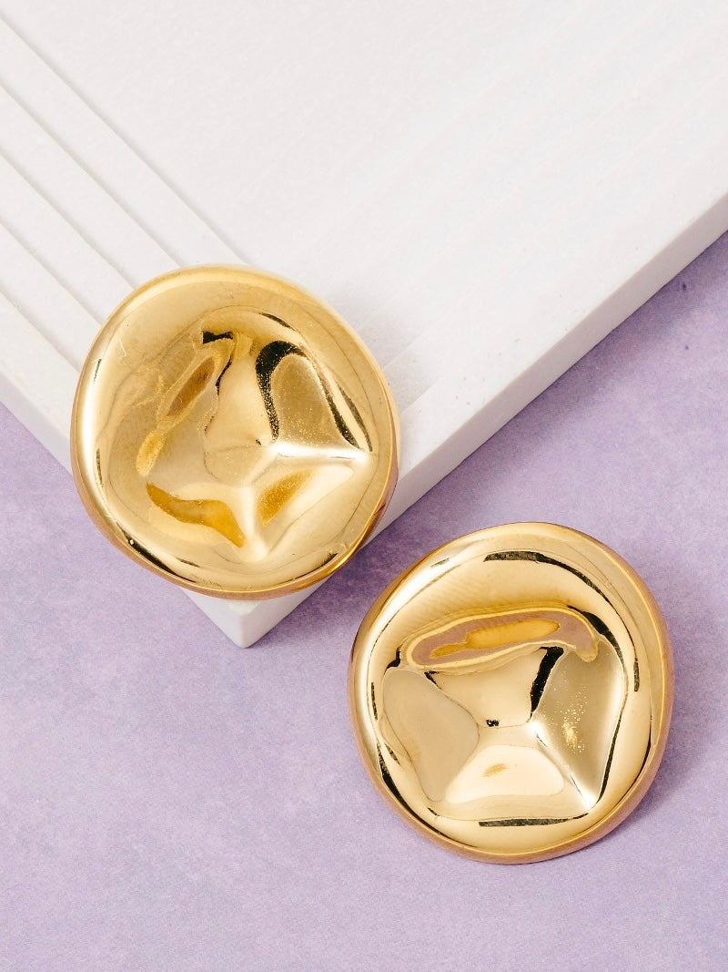 Gold Dipped Large Dented Disc Stud Earrings