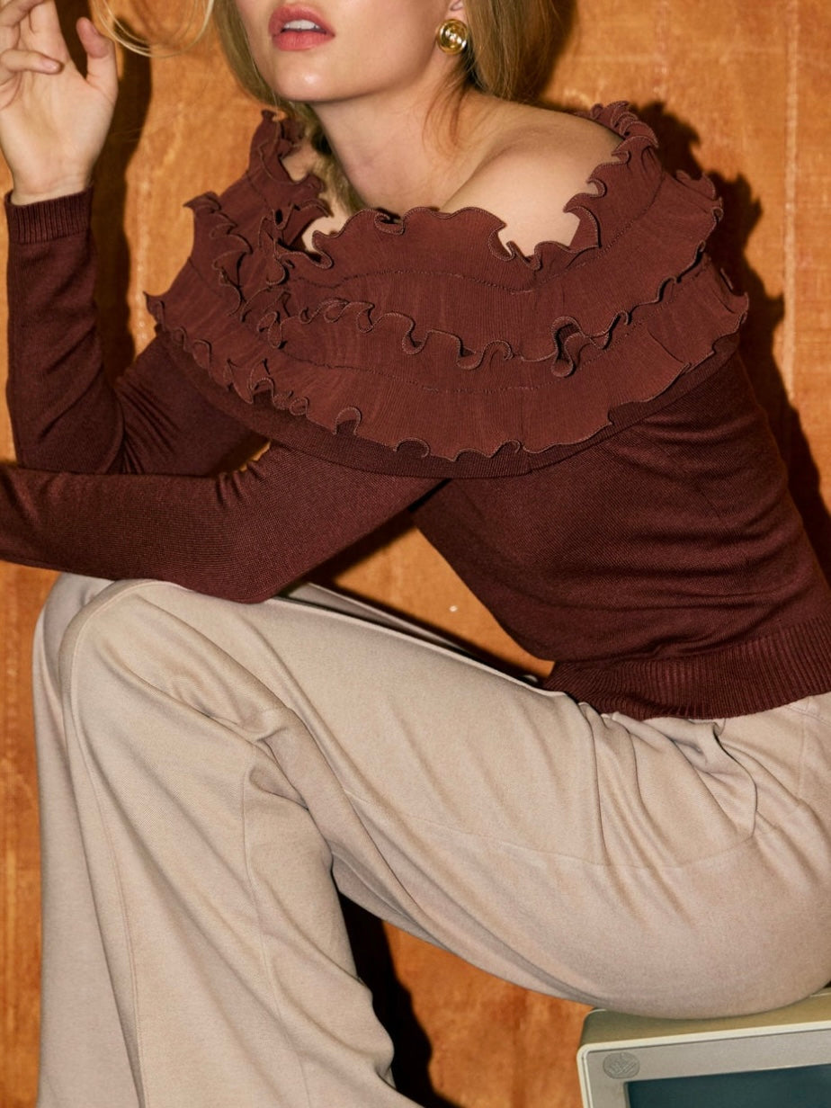 Paola Pleated Ruffle Off Shoulder Top