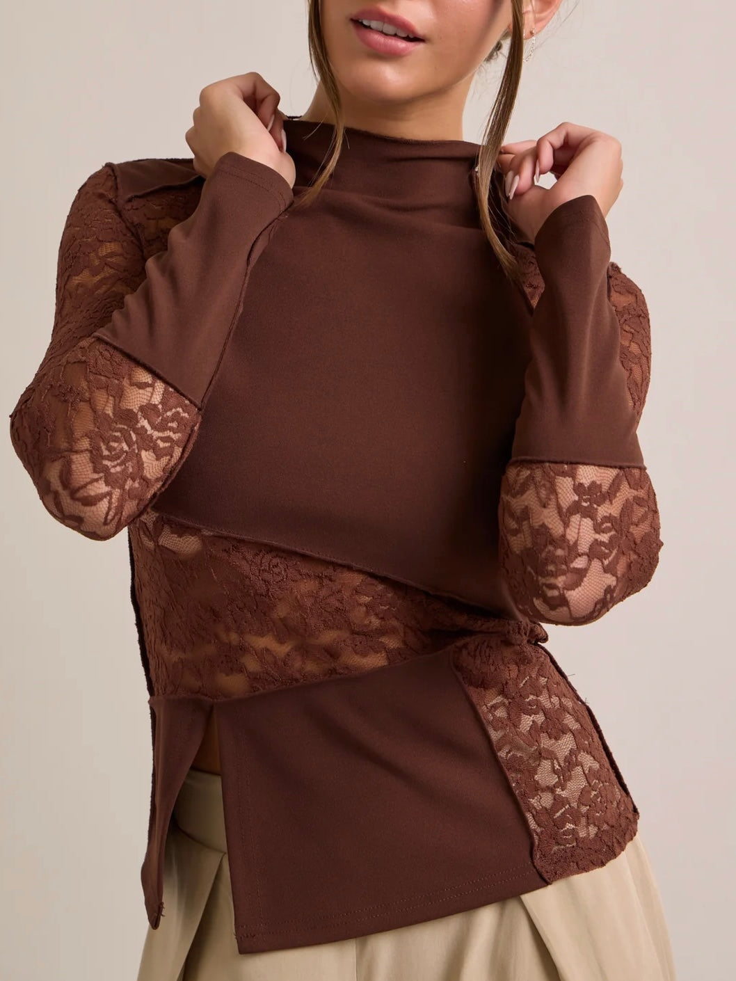 Rita Mock Neck Lace & Sheer Top