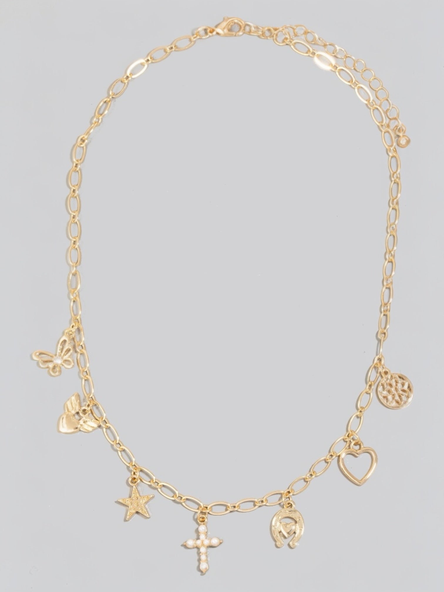 Star Cross And Heart Charms Chain Necklace