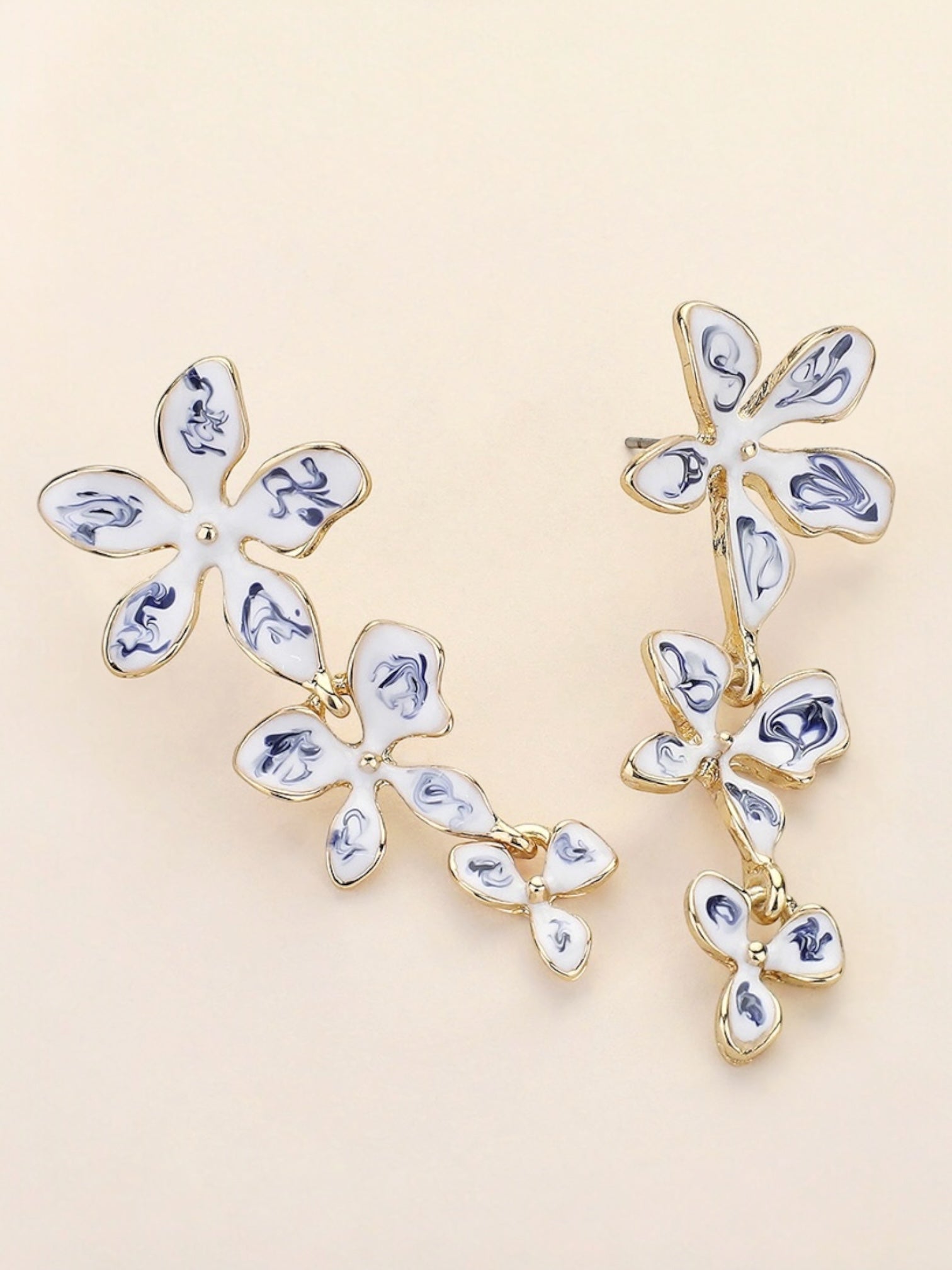 Blue Ceramic Flower Link Chain Dangle Earrings