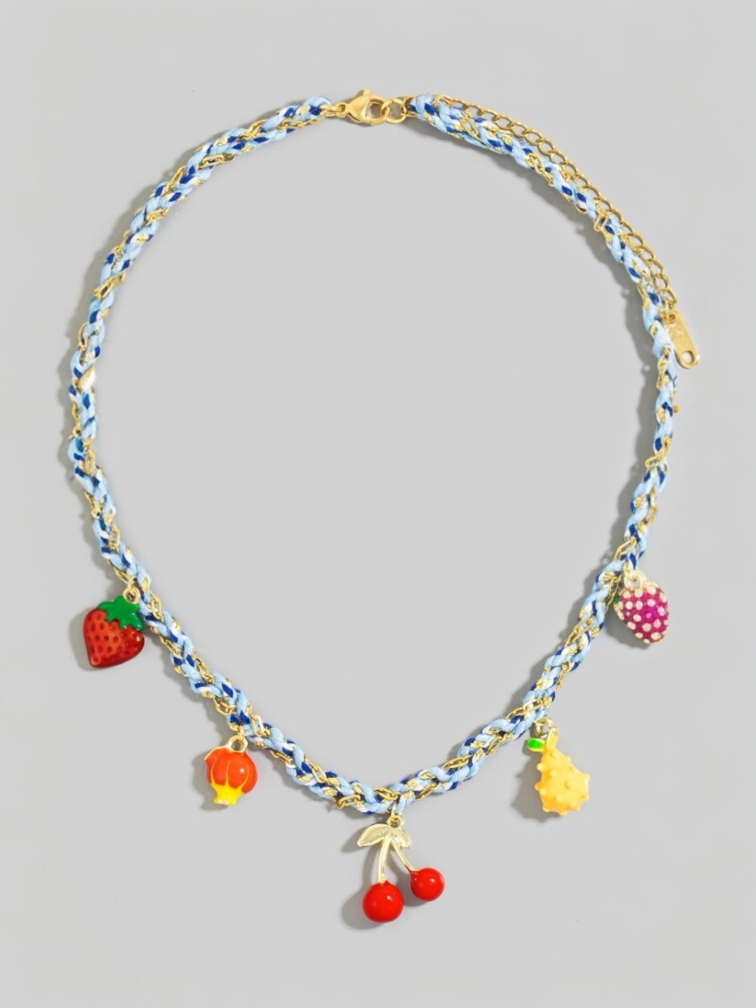 Stainless Steel Assorted Fruits Charms Braided Necklace