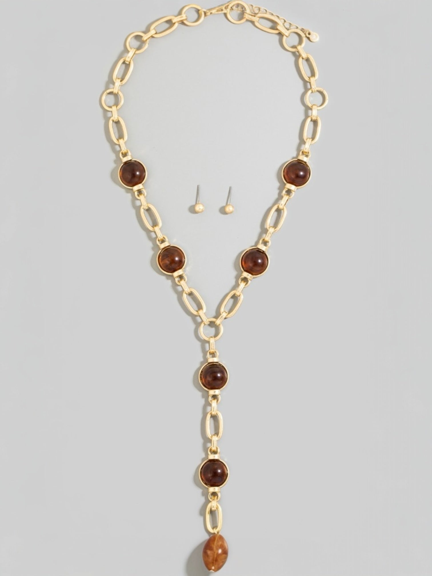 Dome Station Studs Oval Chain Necklace Set
