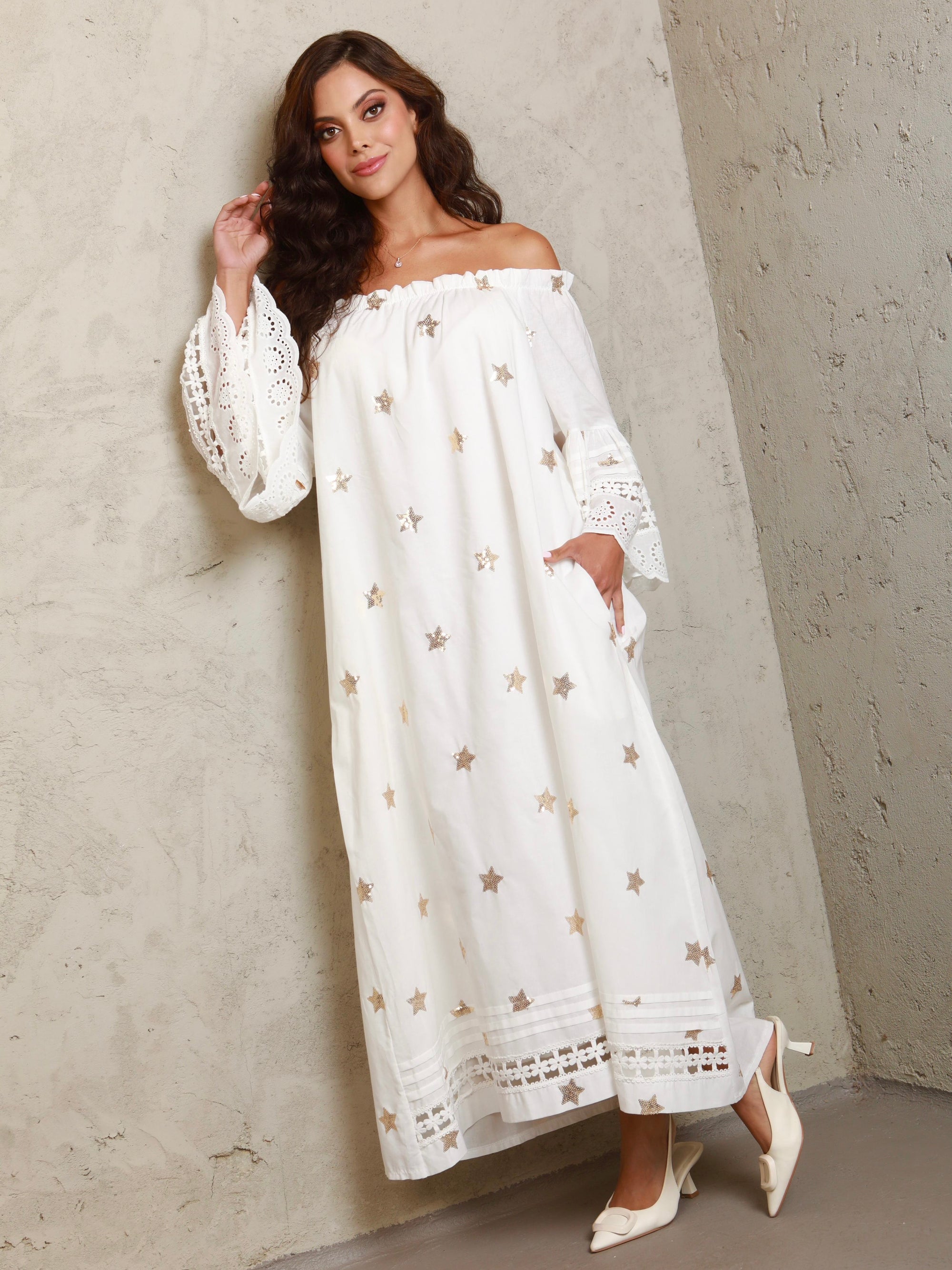 Amelia Off Shoulder Gold Star Dress