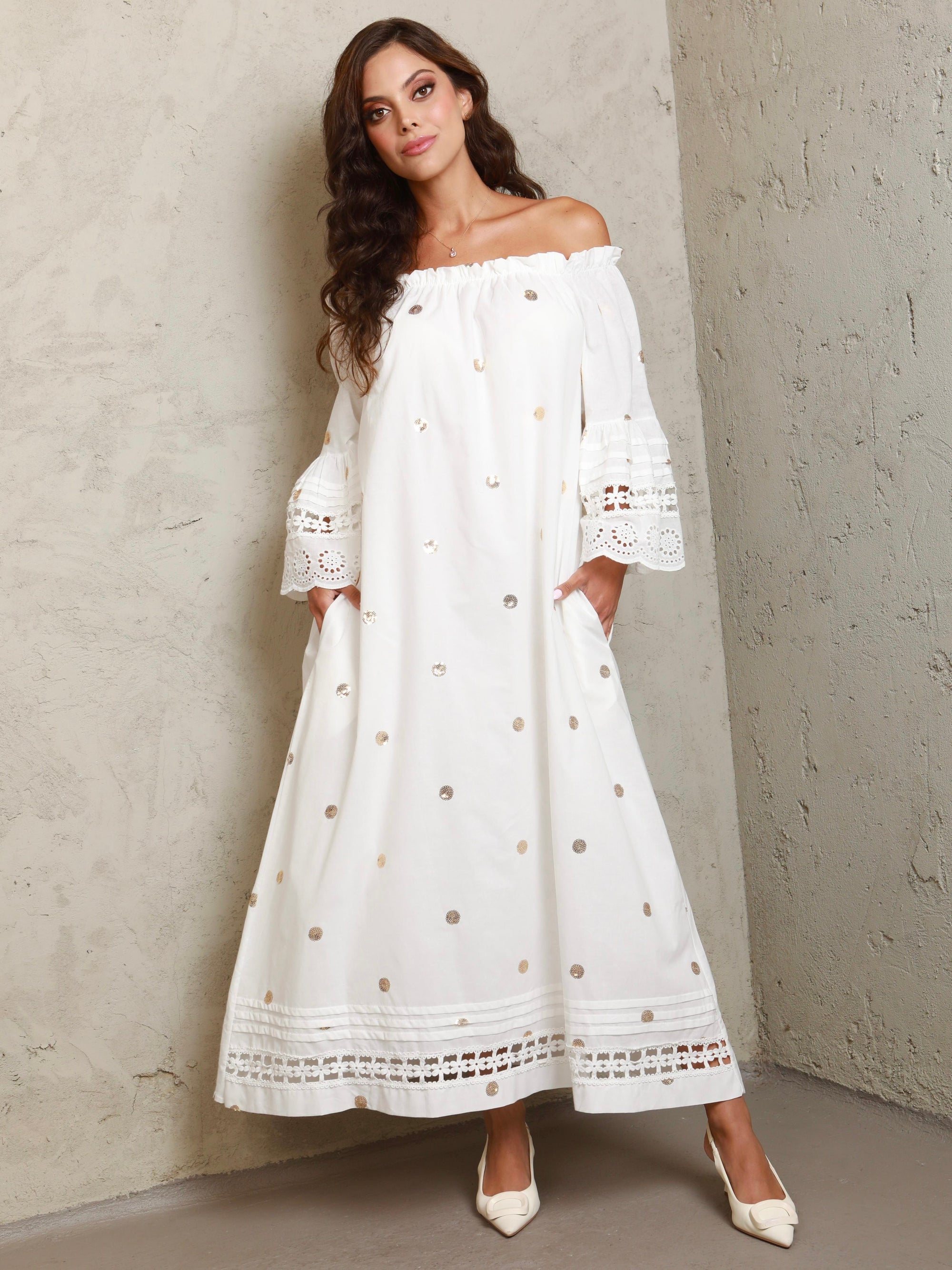 Annalisa Off Shoulder Gold Polka Dot Dress