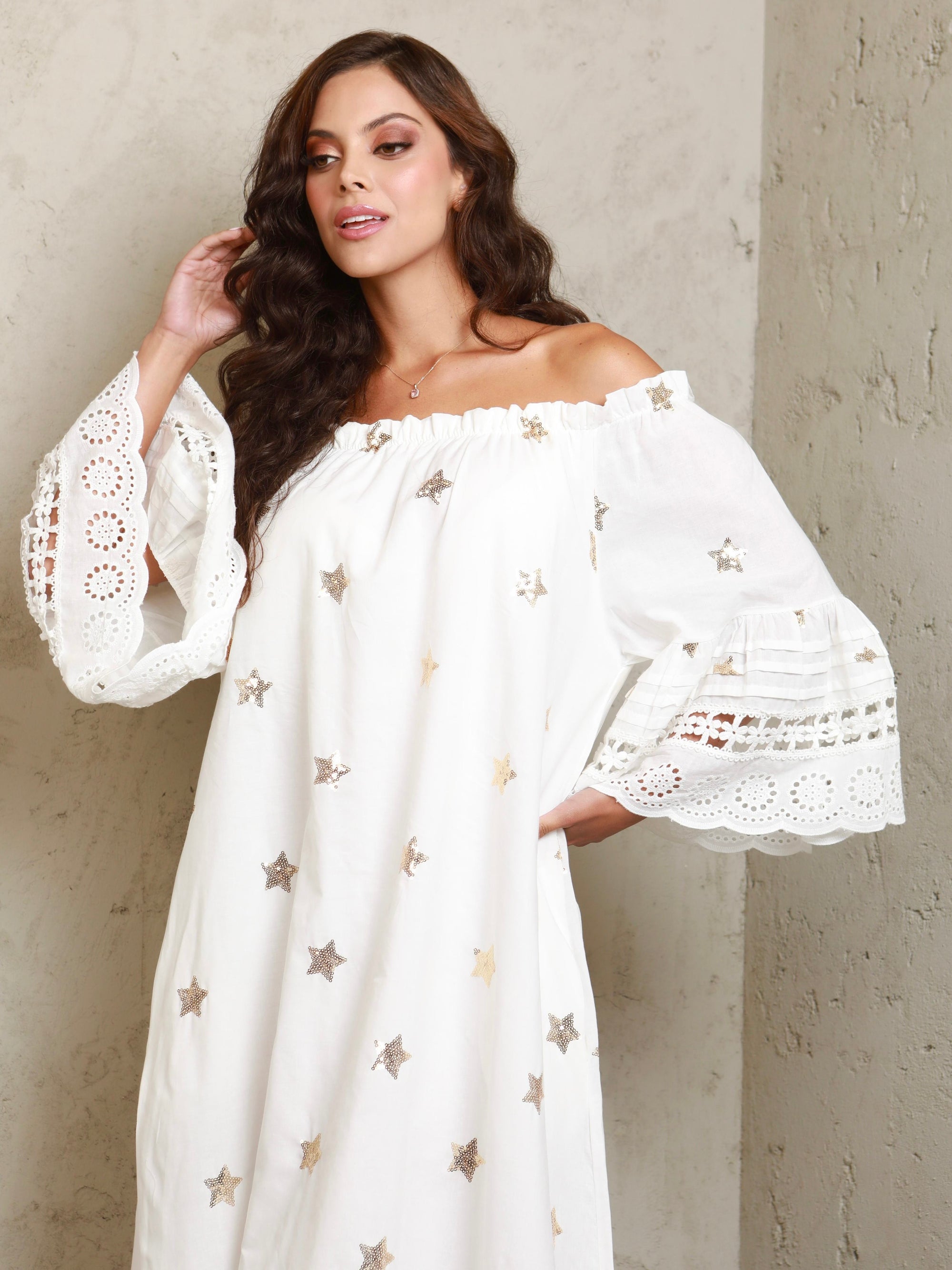 Amelia Off Shoulder Gold Star Dress