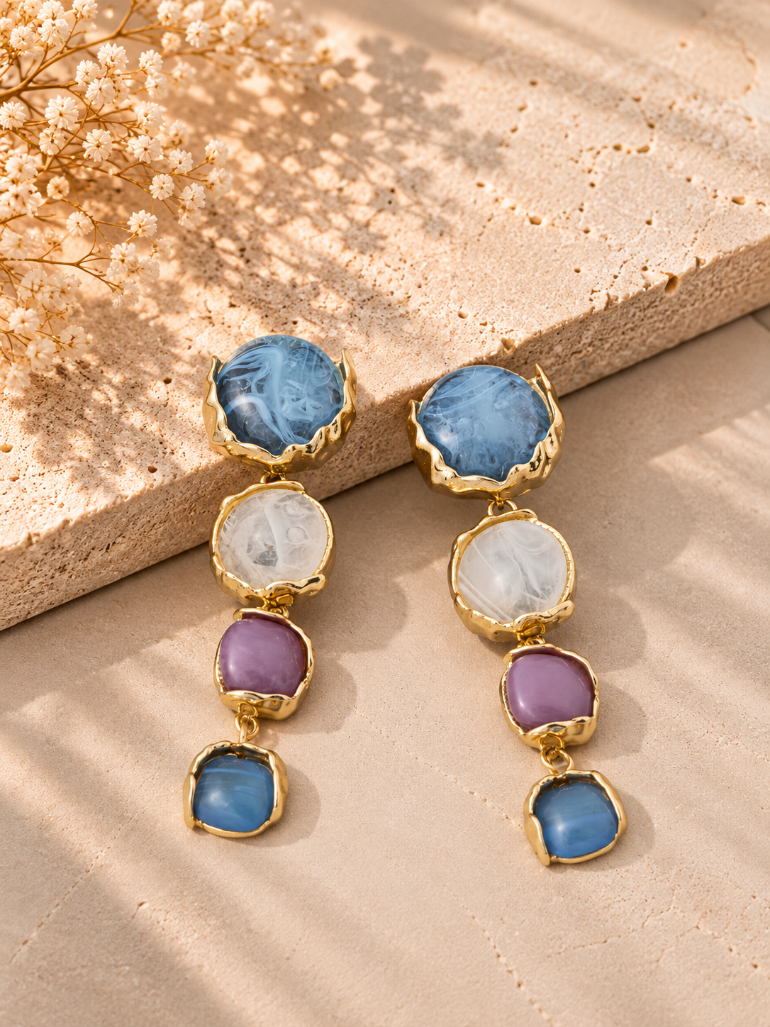 Resin Stone Four Tier Linear Drop Blue Earrings