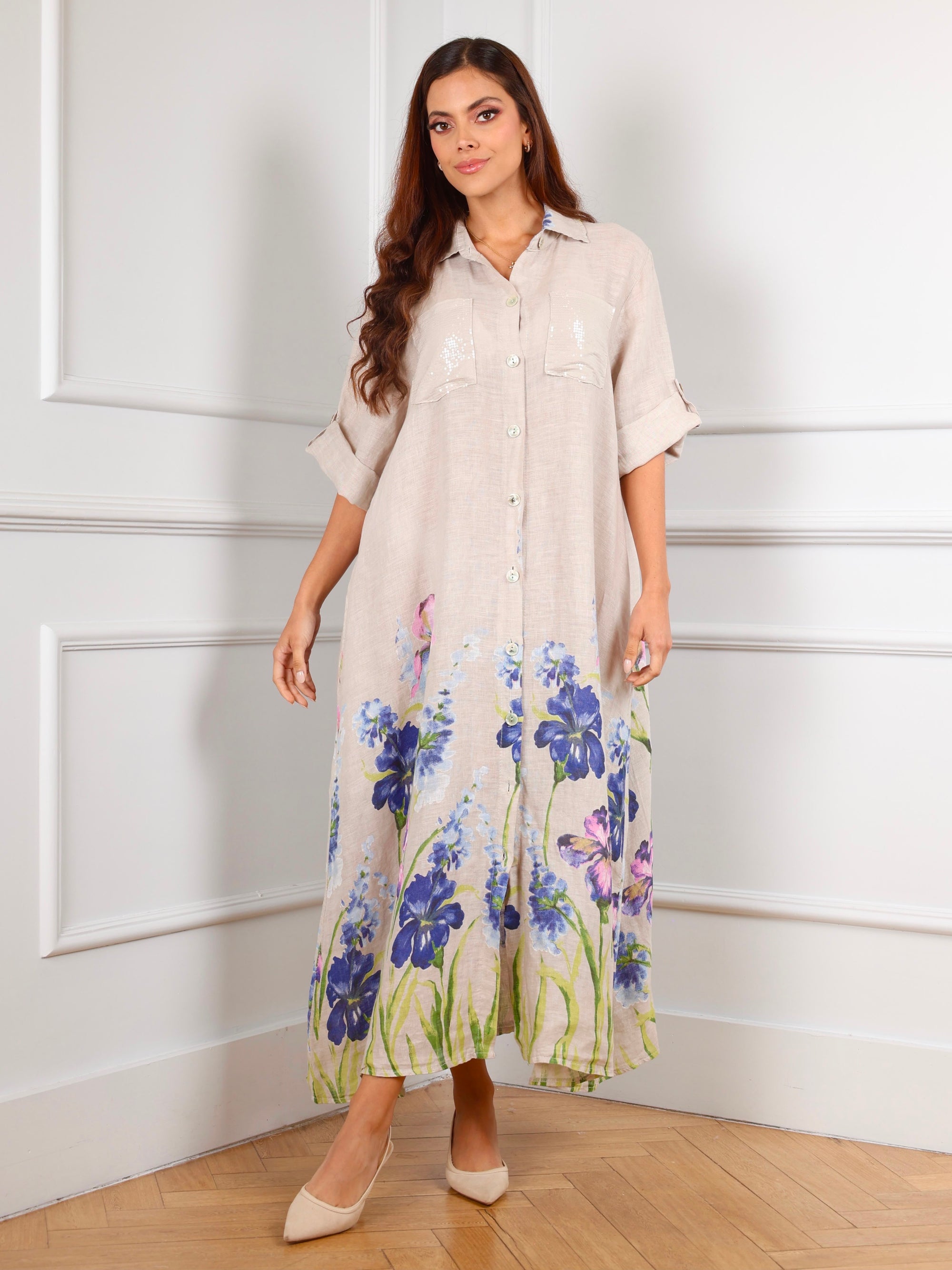 Iris Meadow Linen Dress – Natural Beige