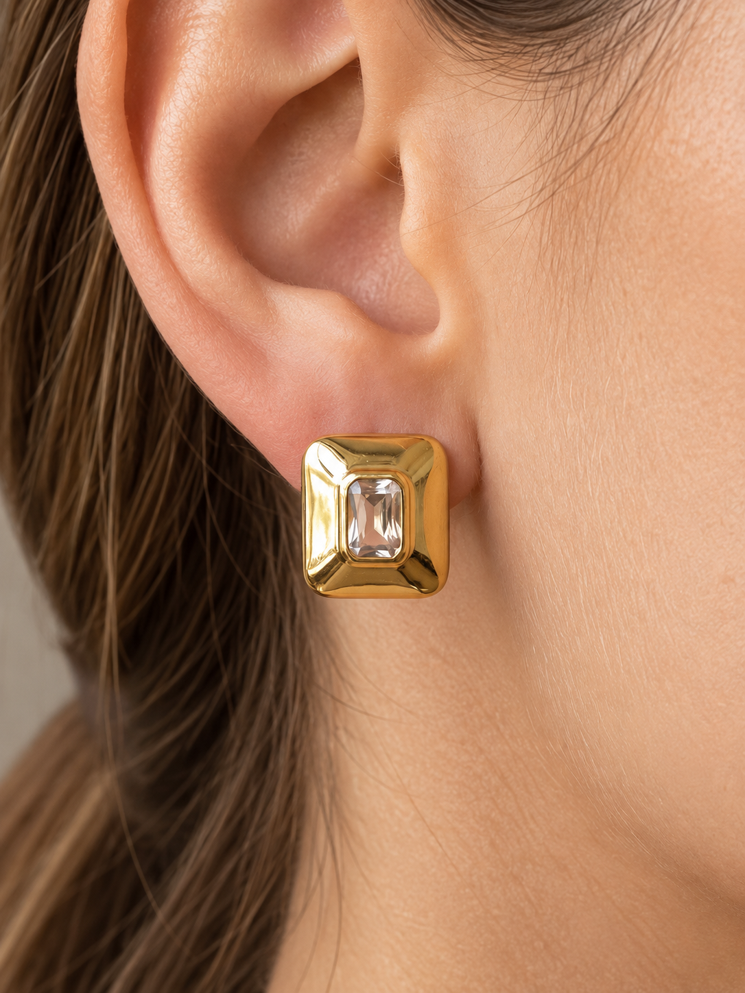 Gold Dipped Chunky Square Baguette Stud Gold Earrings