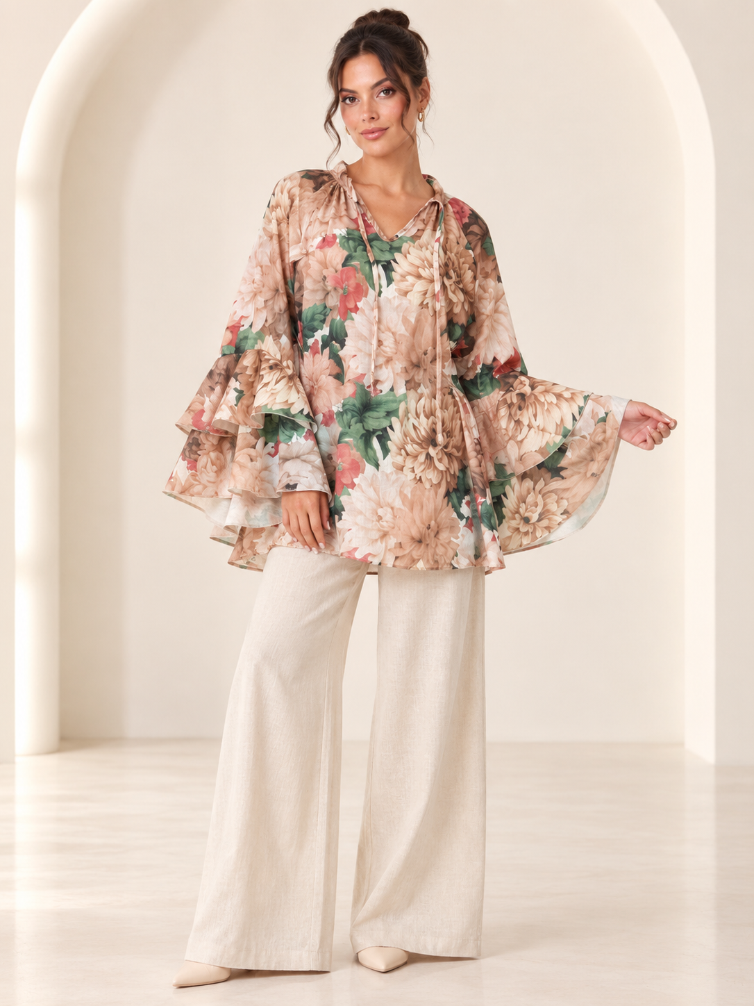 Amarielle Floral Bell Sleeve Cream Tunic