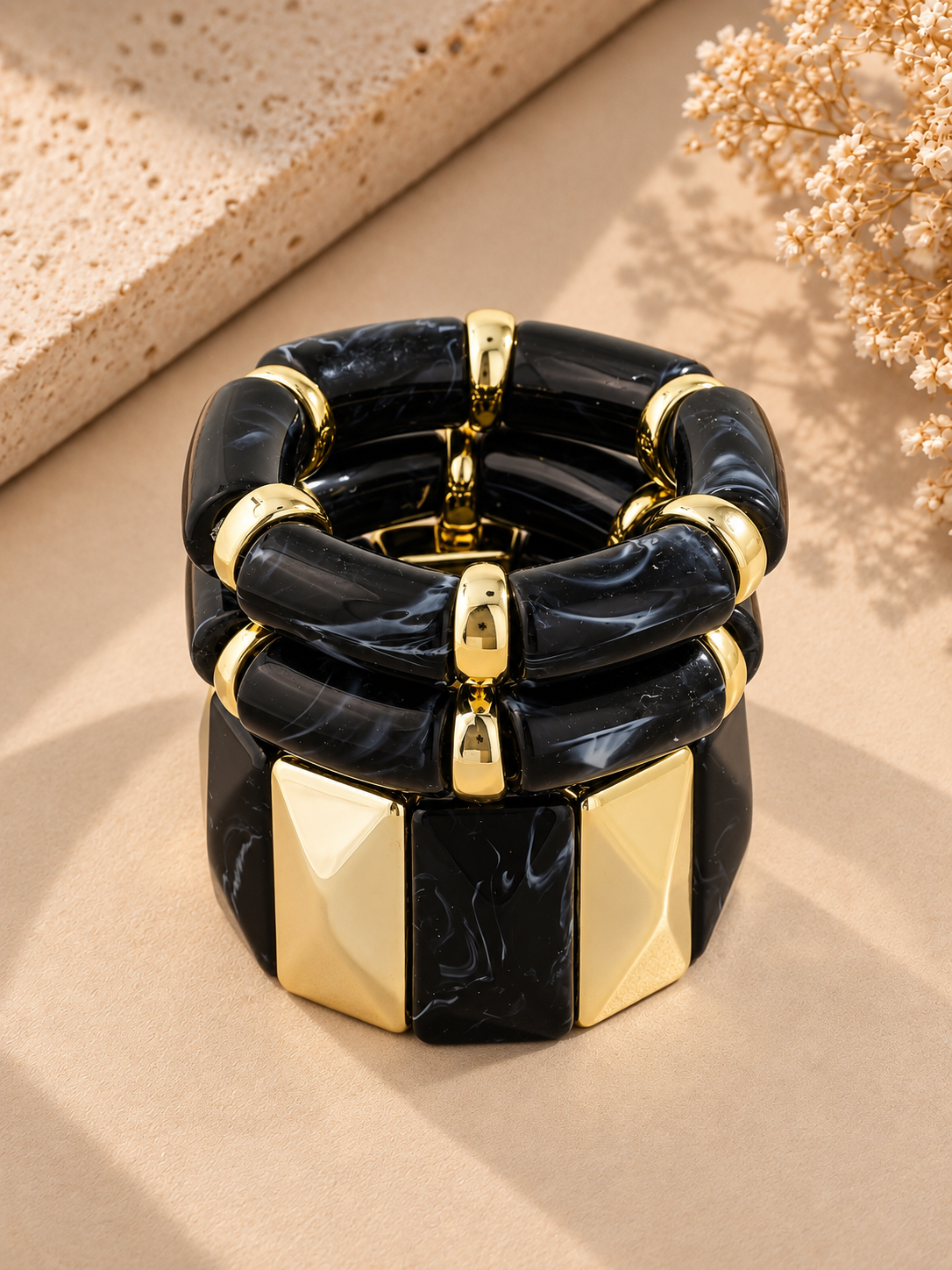 Chunky Marble Resin And Metallic Beads Elastic Bracelet Set