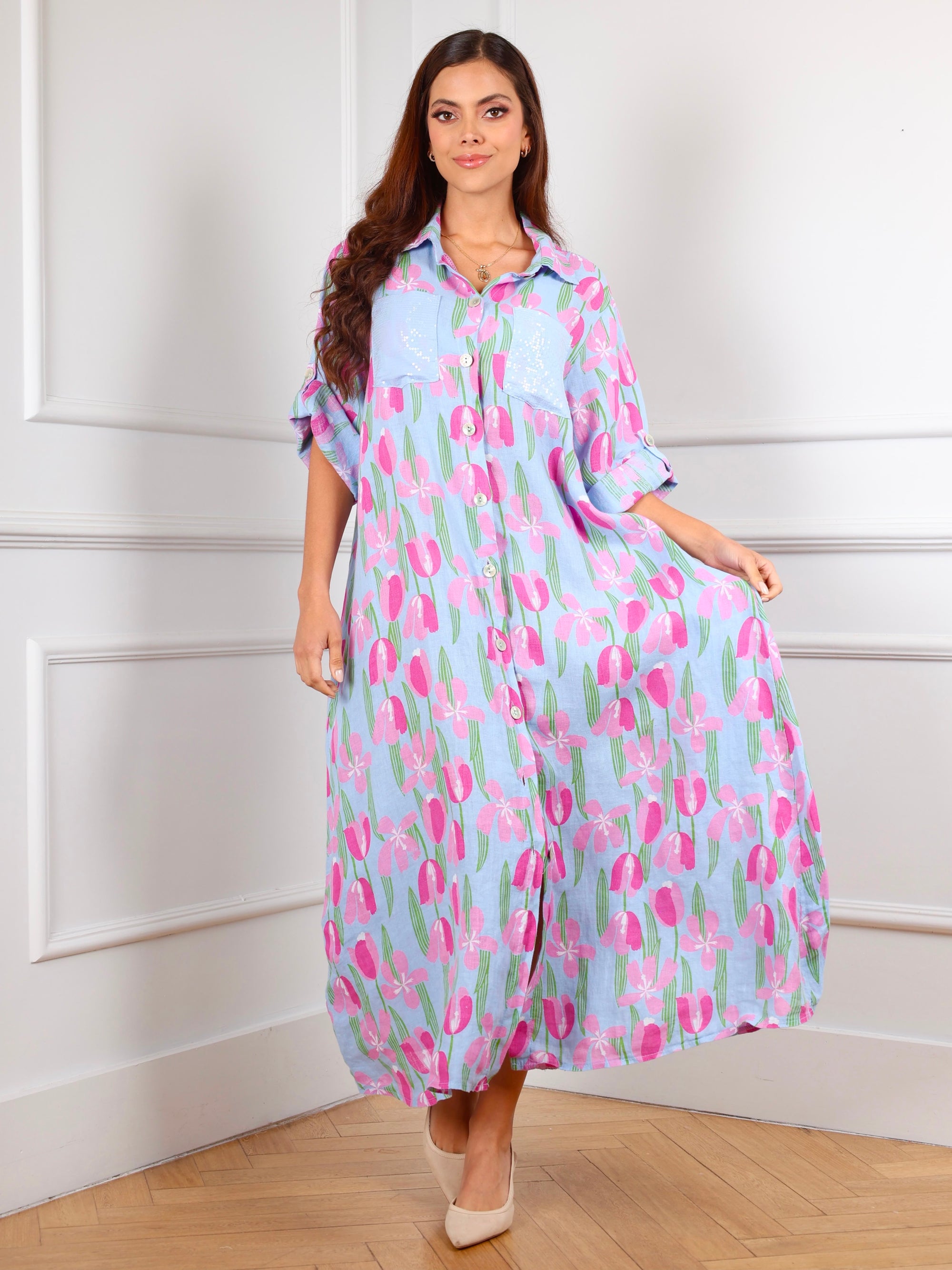 Tulip Garden Linen Dress – Sky Blue