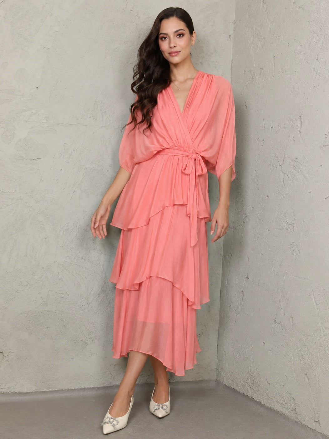 Rosalia Silk Ruffle Coral Dress