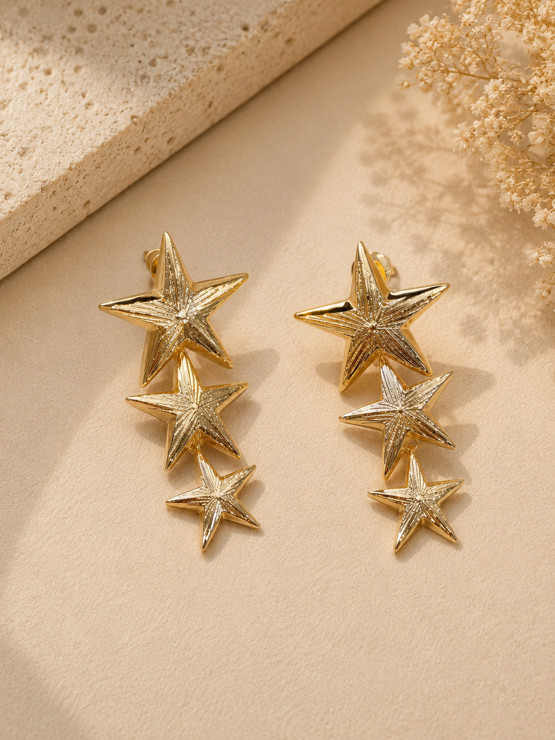 Triple Star Gold Drop Earrings
