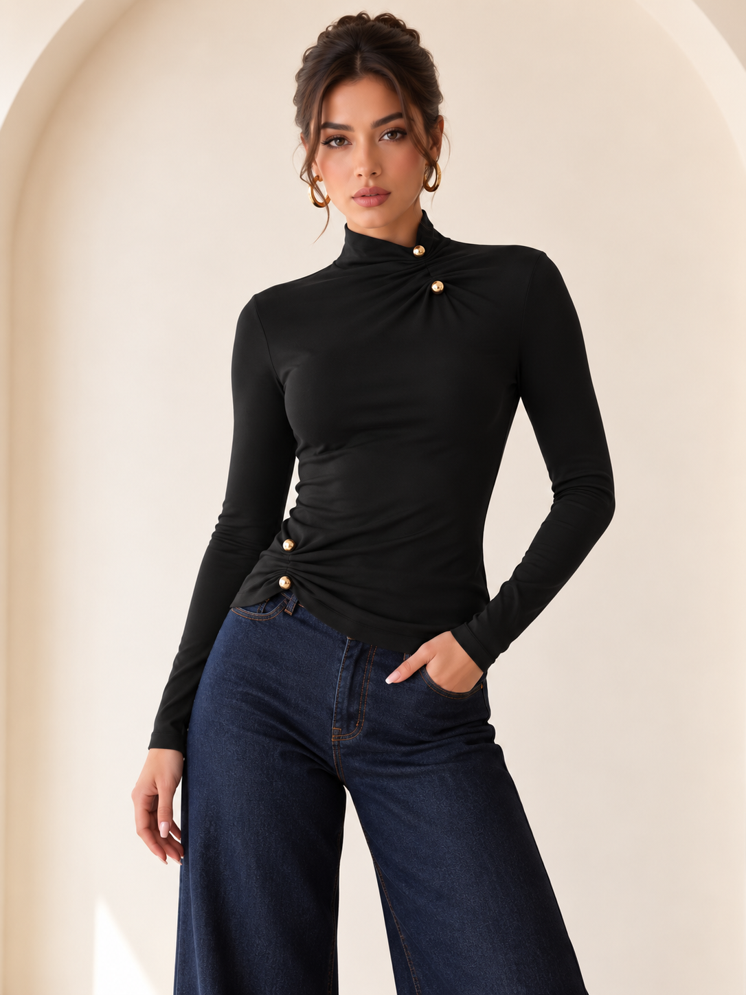 Solène Ruched Button Black Top