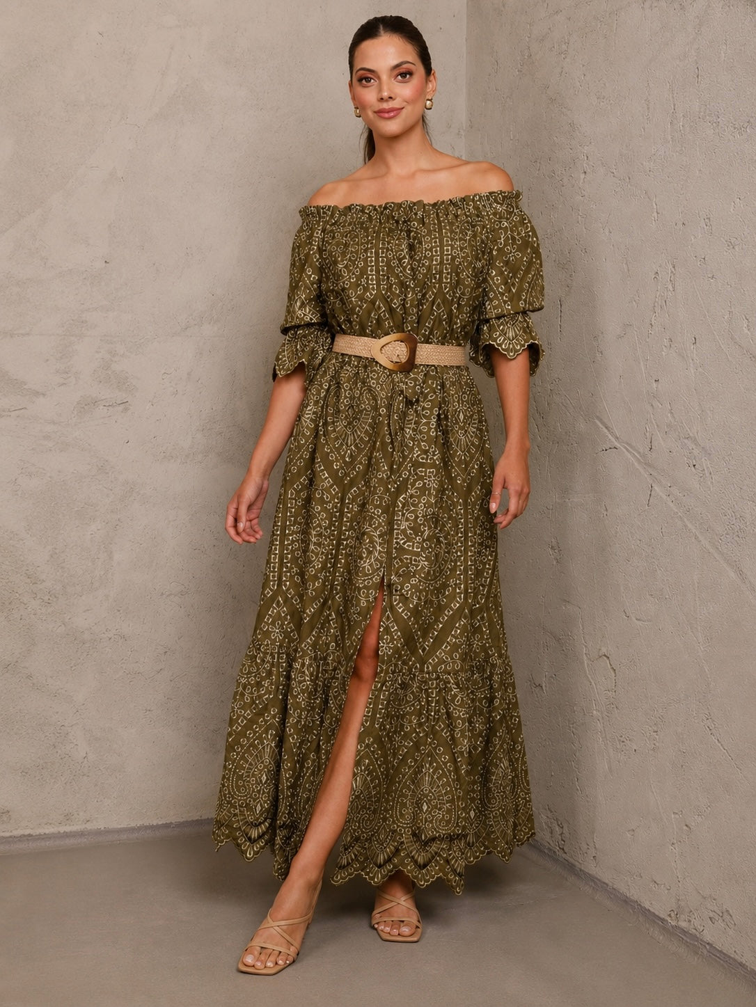 Olive Paisley Off-Shoulder Maxi Dress