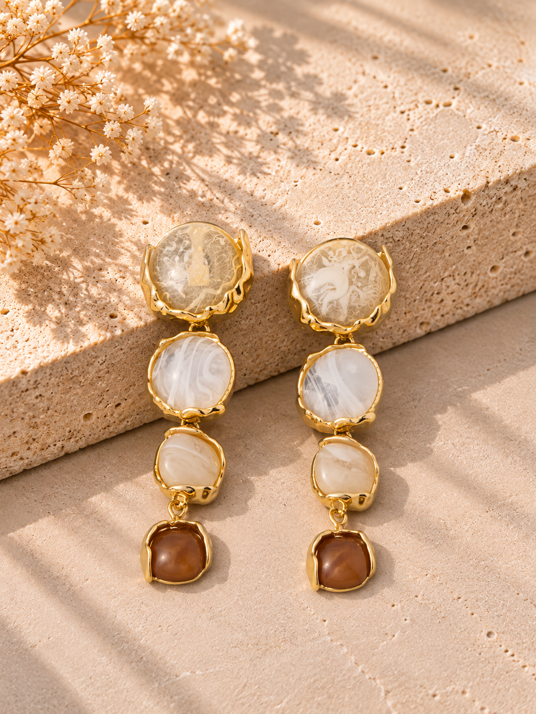 Resin Stone Four Tier Linear Drop Yellow Earrings