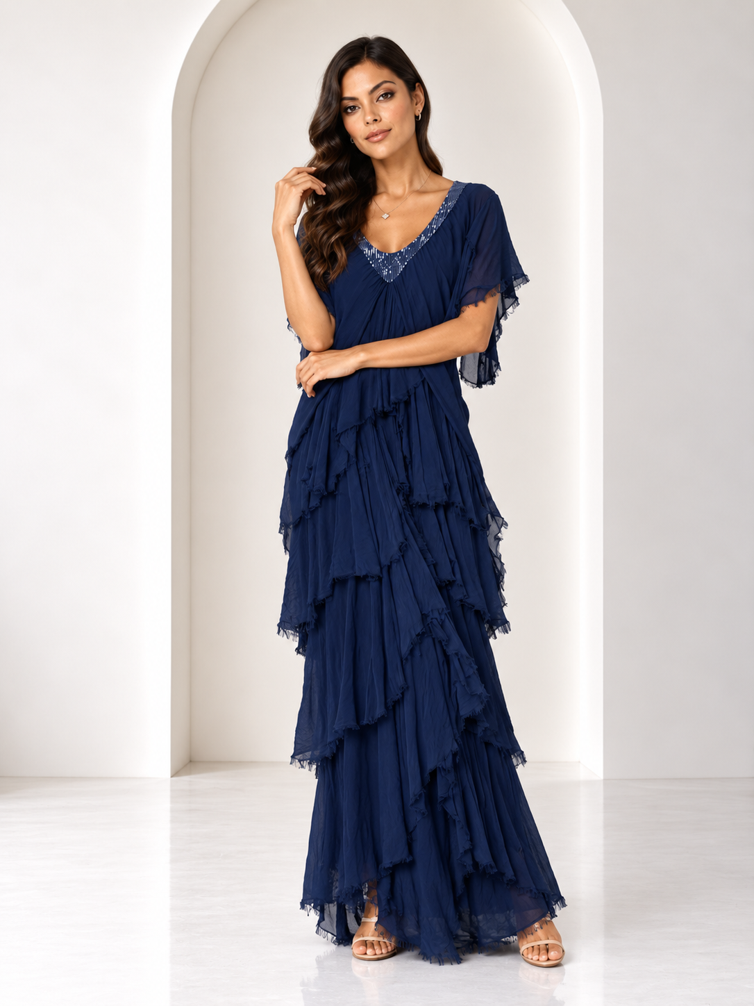 Veronica Layered Silk Navy Maxi Dress