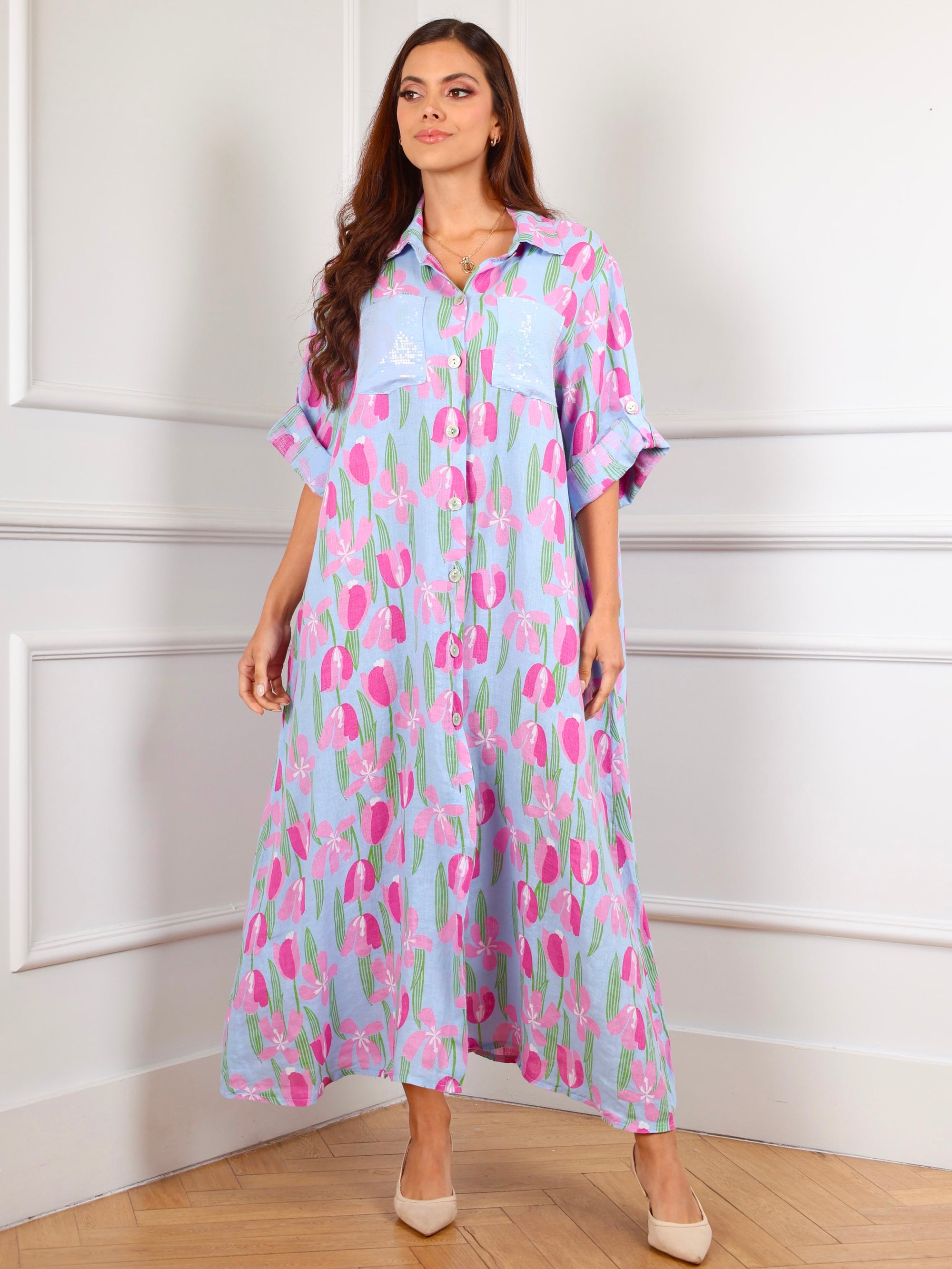 Tulip Garden Linen Dress – Sky Blue