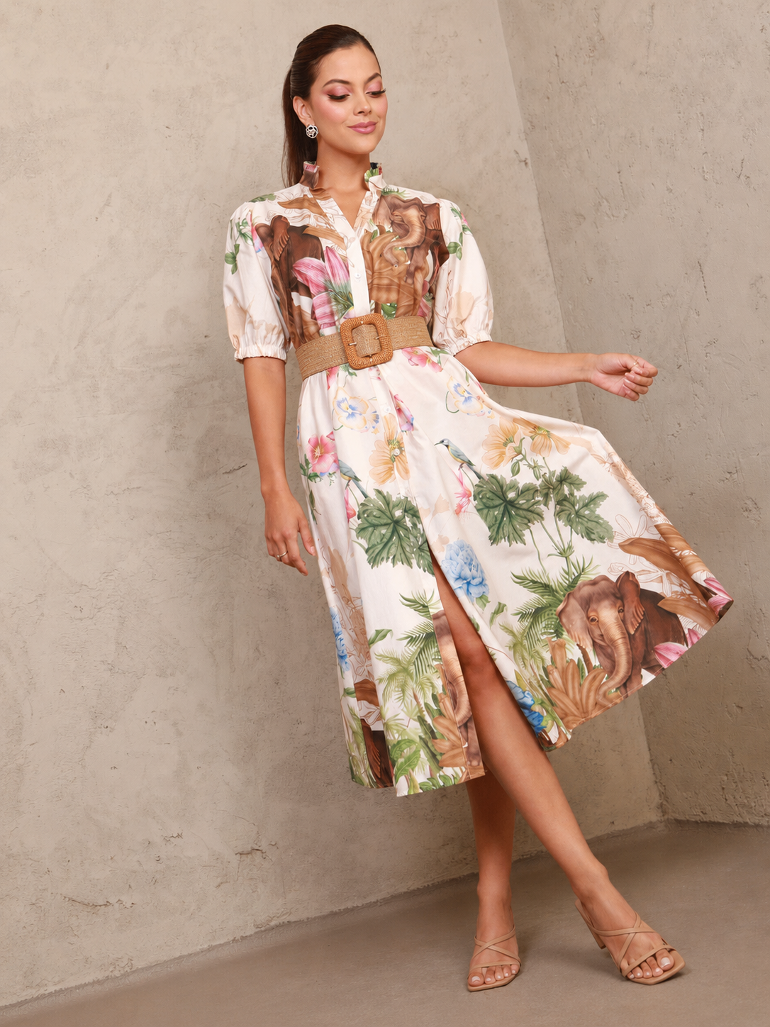 Mara Safari Belted Beige Midi Dress