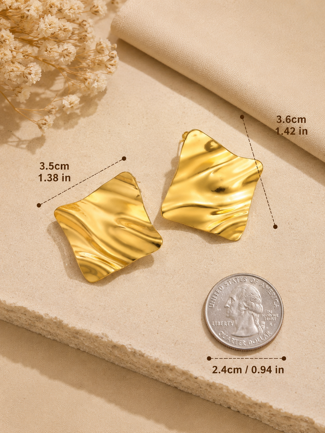 Gold Wavy Square Statement Stud Earrings
