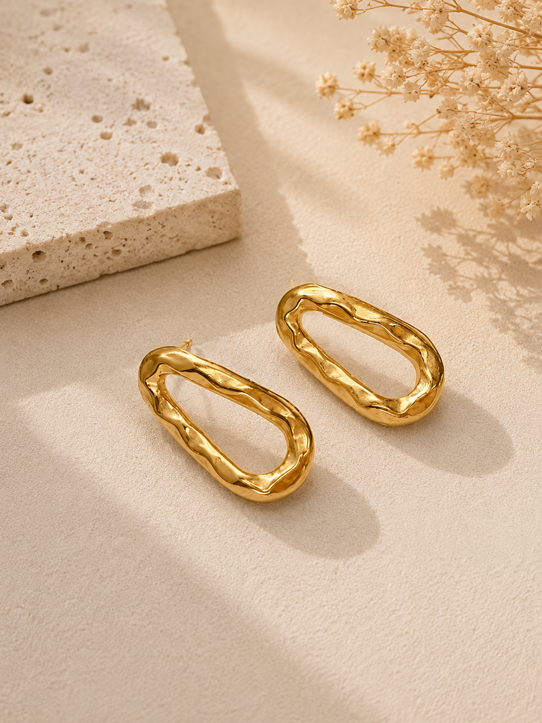 Hammered Organic Oval Gold Earrings