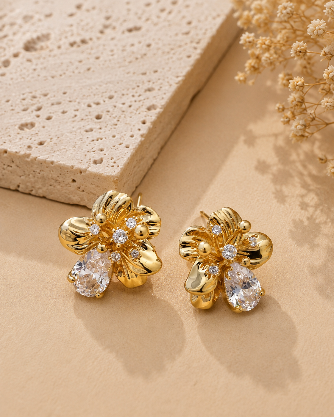 Floral Crystal Gold Stud Earrings
