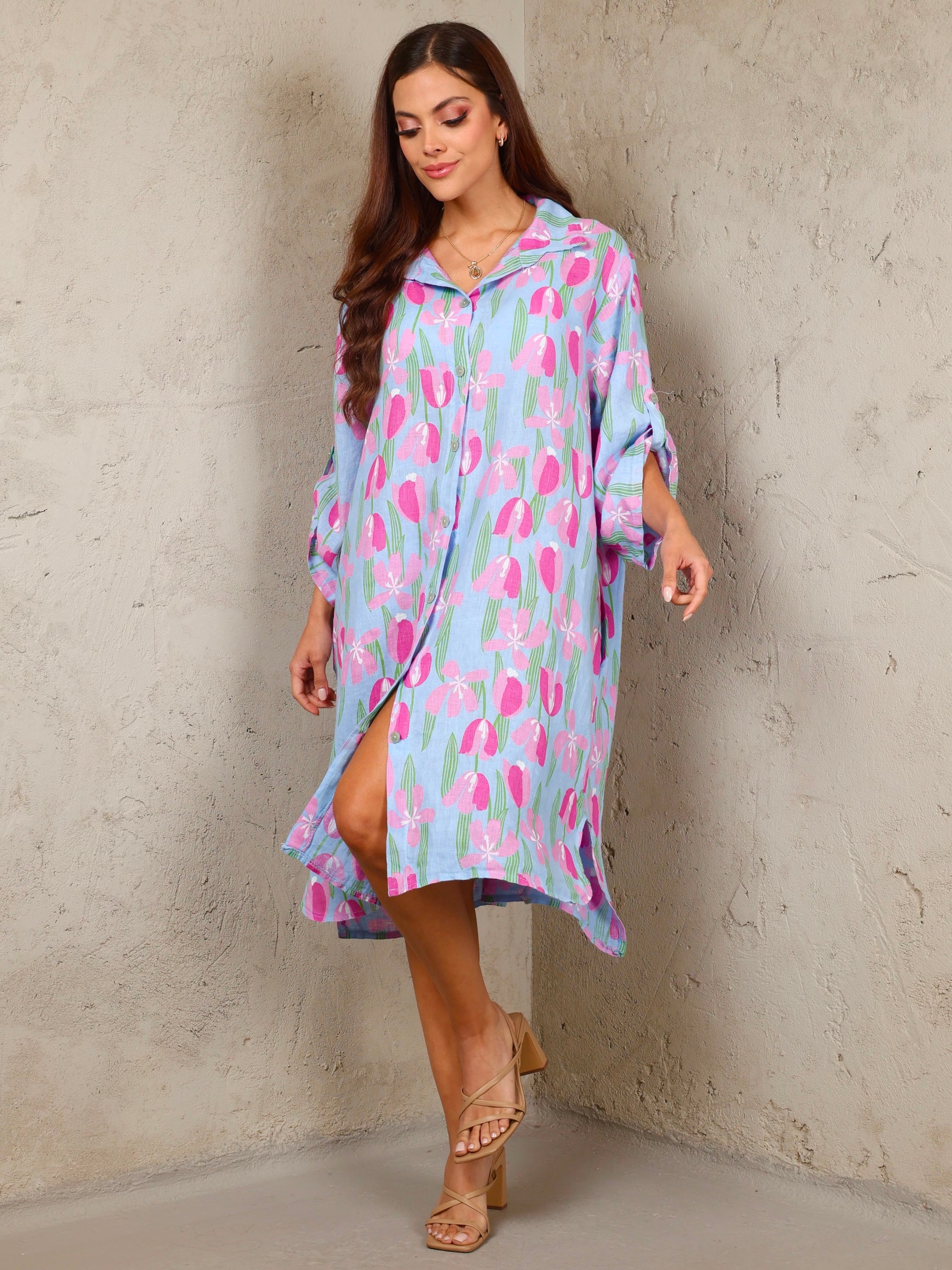 Tulip Bloom Italian Linen Midi Dress